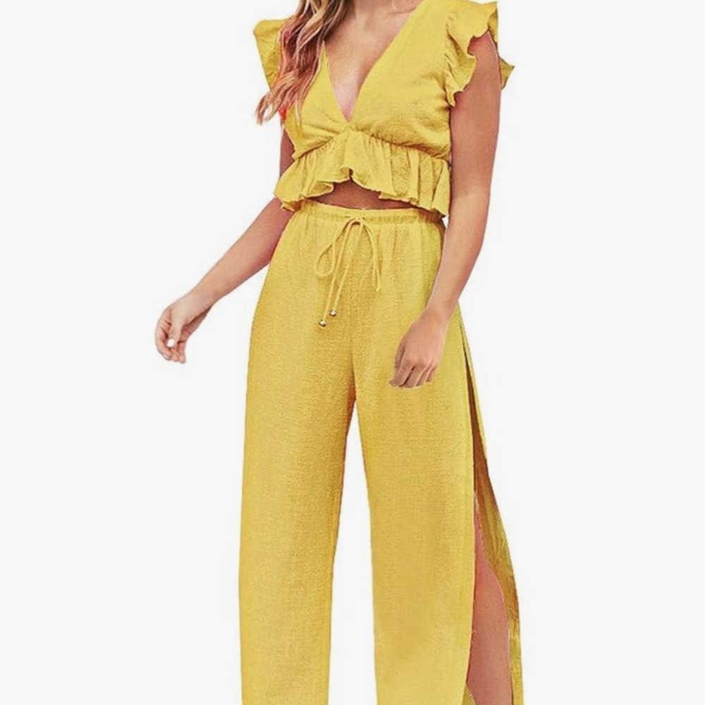 Two piece crop top & wide leg slit linen psnts